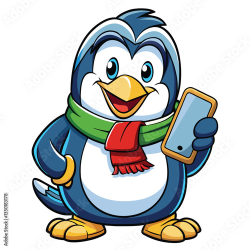 Cartoon penguin with a phone