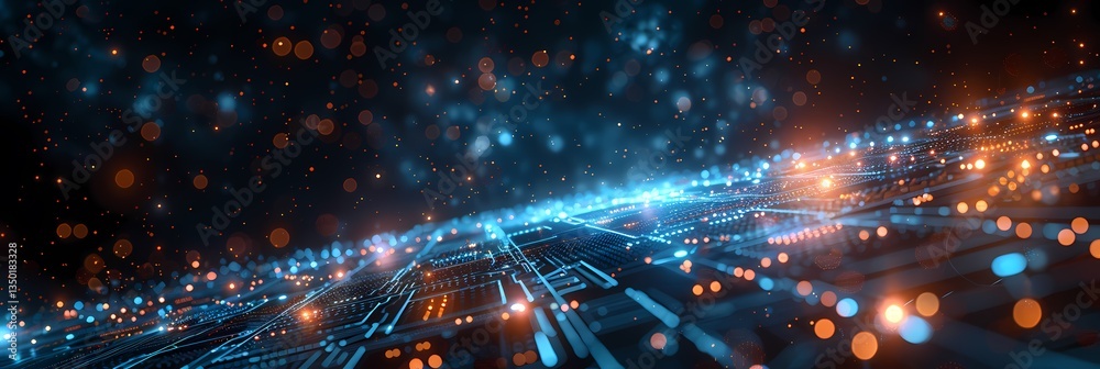 Obraz premium Illuminated Circuit Board with Glowing Paths and Abstract Data Flow