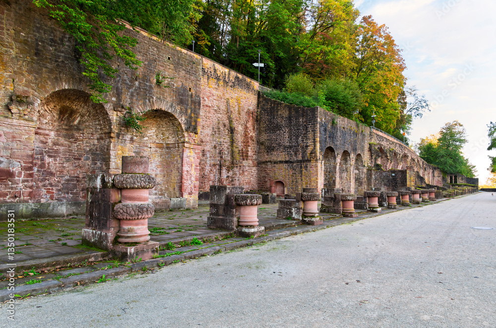 The Bathing Gallery within the Hortus Palatinus Gardens and castle grounds at the medieval Heidelberg Castle Schloss in Heidelberg, Germany. The Bathing Gallery within the Hortus Palatinus Gardens and castle grounds at the medieval Heidelberg Castle Schloss in Heidelberg, Germany.