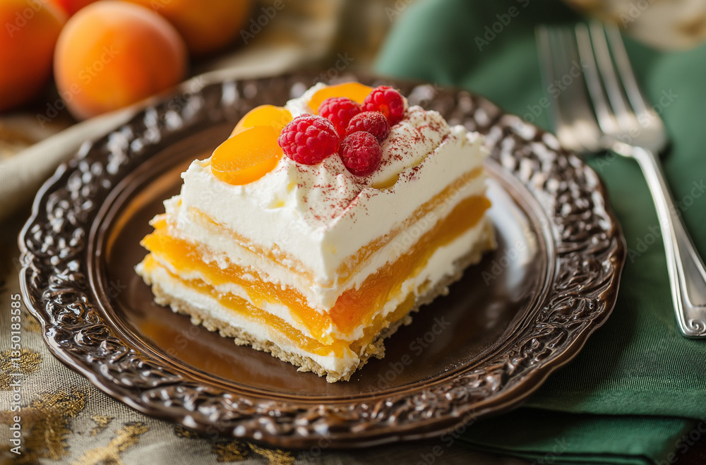 Macro top-down shot of golden berries and vanilla cake slice with whipped cream and red berries on brown plate against dark gray background Macro top-down shot of golden berries and vanilla cake slice with whipped cream and red berries on brown plate against dark gray background