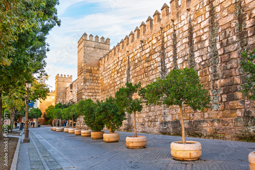Morning view of one of the main exterior fortification walls of the Royal Alcazar of Seville, in the Barrio Santa Cruz district of Seville Spain.	