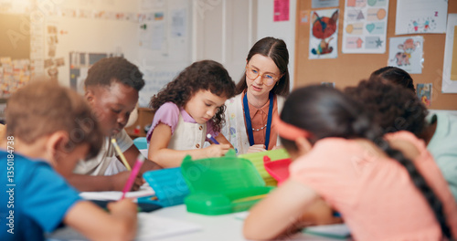 Writing, education and teacher helping children in classroom for language development, learning or growth. Notebook, advice and woman educator with kid students for lesson at elementary school.