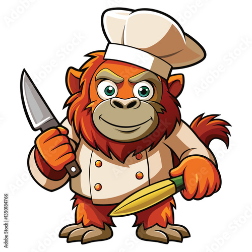 Cartoon primate chef holding knife and vegetable