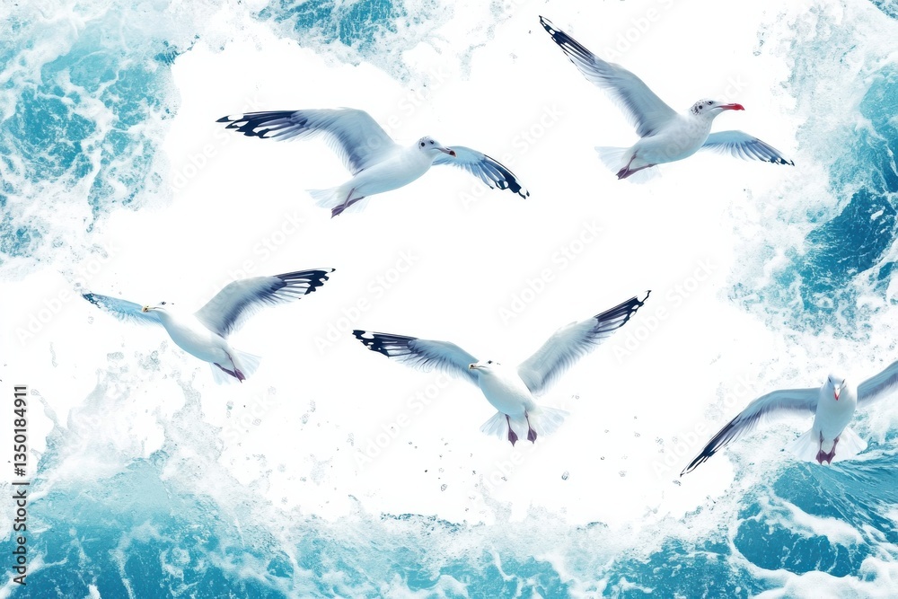 Obraz premium Seagulls soaring above beach waves in a peaceful ocean view
