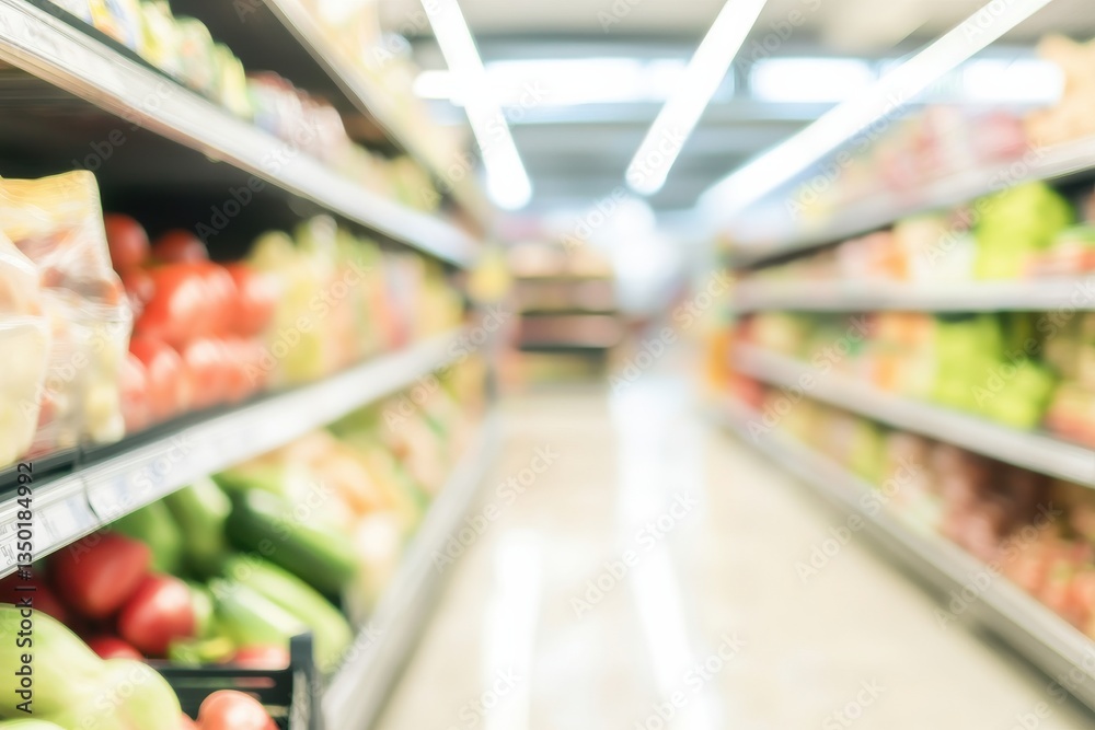 Fototapeta premium Blurred Bright supermarket aisle with fresh produce and neat shelves