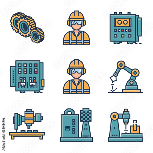 2d vector illustration colorful machine , worker and Industry and its development technology, factories and production lines icon
