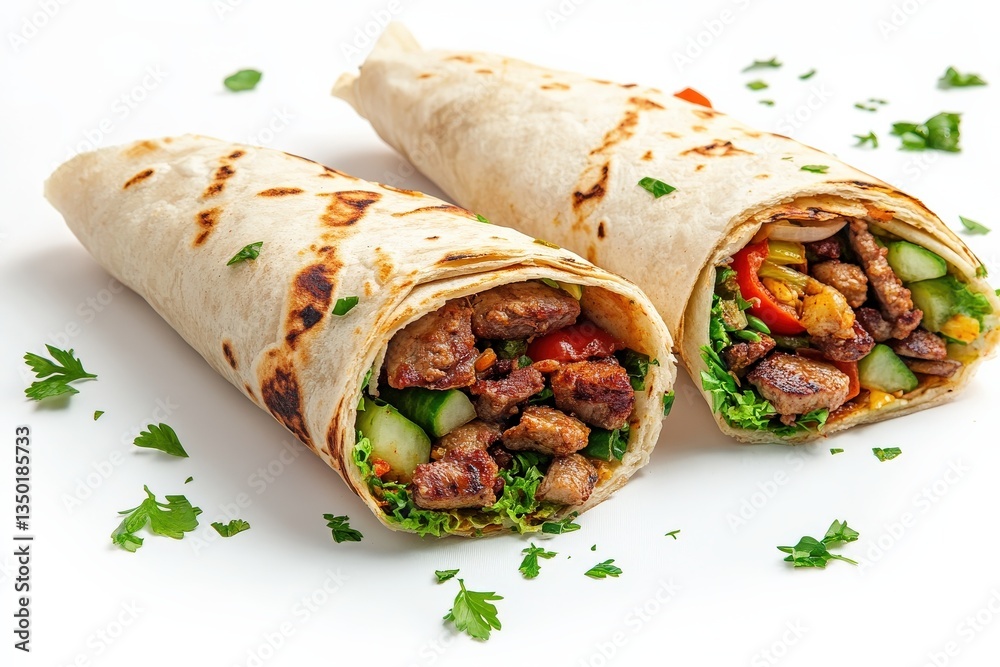 Realistic 8K photo of three shawarmas on white background Realistic 8K photo of three shawarmas on white background