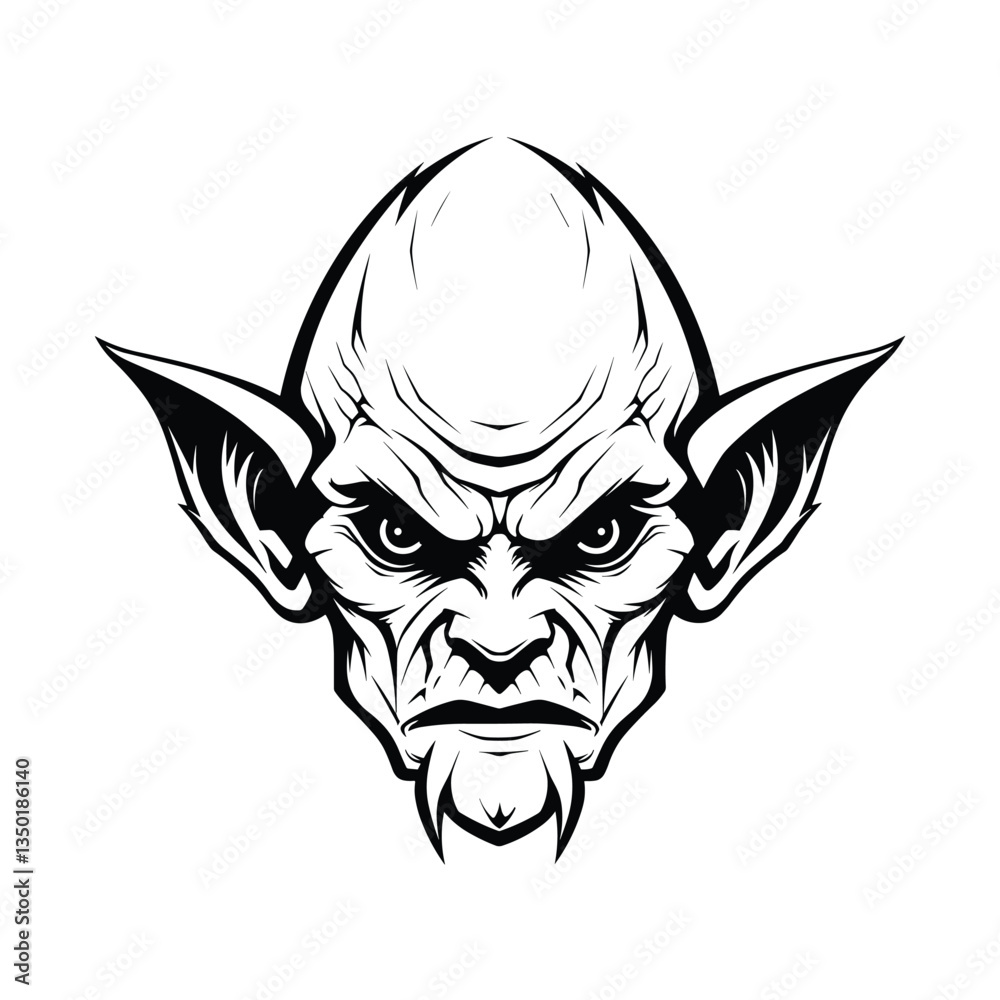 Fototapeta premium A dark and mysterious silhouette of a goblin head, featuring sharp facial features, pointed ears, and a mischievous expression. Perfect for fantasy-themed designs, gaming logos, horror illustrations
