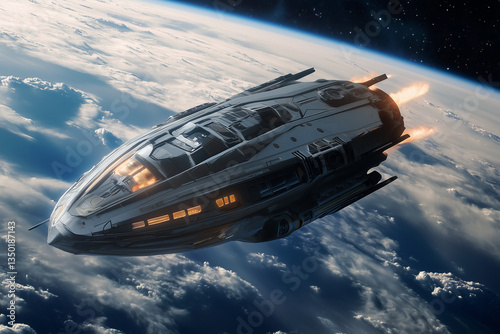 A space-bound spaceship departing Earth, captured dramatically in launch, embodies futuristic exploration and cosmic ambition