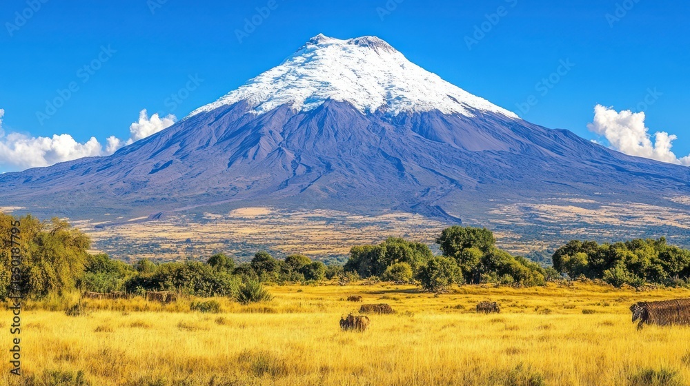 Fototapeta premium Majestic snow-capped Andes volcano, Ecuadorian landscape, grazing livestock, sunny day, travel poster
