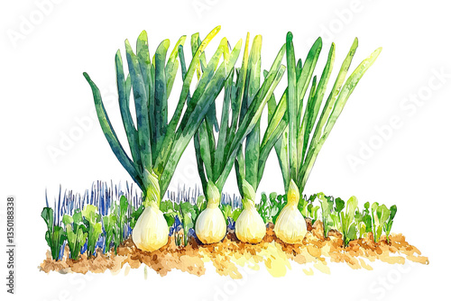 A vibrant group of green onions with bulbous white bases, showcasing fresh greenery and a healthy growth pattern.