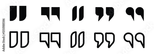 Quote right icon set. double quotation vector symbol. discussion dialog remark open and close quote sign in black filled and outlined style. vector illustration eps 10.