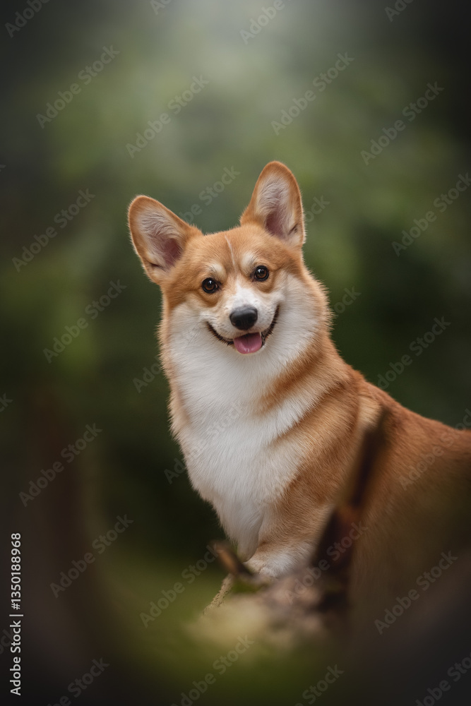 A corgi stands happily in a summer forest, sunlight filtering through the trees and highlighting its playful expression and fluffy fur. The scene captures a serene connection with nature A corgi stands happily in a summer forest, sunlight filtering through the trees and highlighting its playful expression and fluffy fur. The scene captures a serene connection with nature