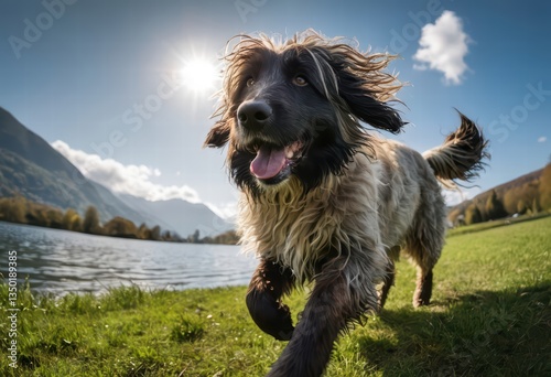 bergamasco shepherd dog, running in the countryside hills above italian lake, doggy sheepdog in the nature, shepherd in raw natural meadown