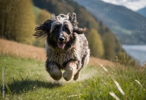 bergamasco shepherd dog, running in the countryside hills above italian lake, doggy sheepdog in the nature, shepherd in raw natural meadown