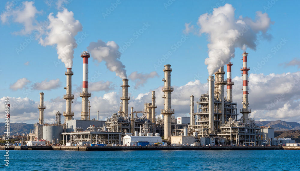Industrial oil refinery emitting steam against blue sky, energy production Industrial oil refinery emitting steam against blue sky, energy production