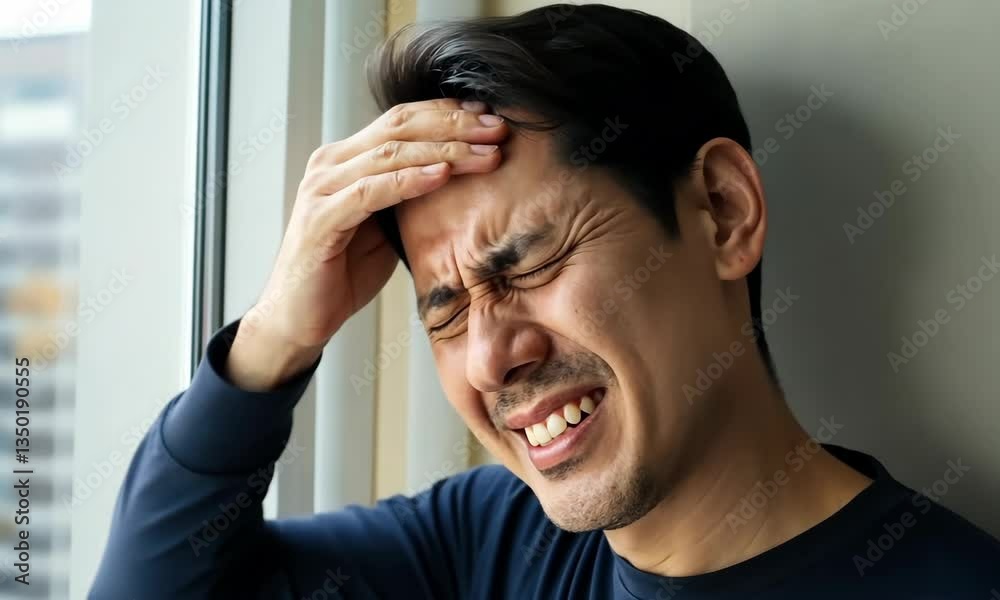 Asian man in stress holding his head pain Asian man in stress holding his head pain