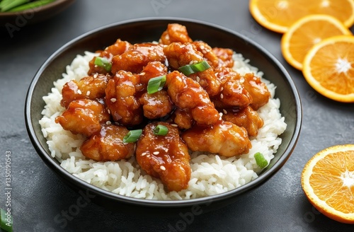 Orange Chicken over Rice, garnished with green onions, with oranges in the background. Ready to eat