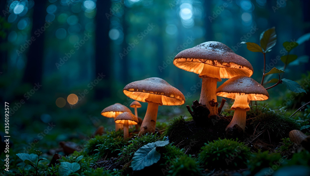 Fototapeta premium Glowing mushrooms illuminate the forest floor at twilight