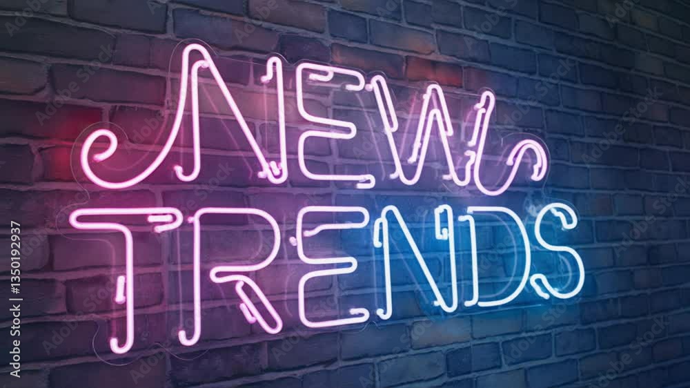Neon Sign Displaying New Trends Text on a Brick Wall Background, Modern and Stylish Concept for Innovation and Fashion. Neon Sign Displaying New Trends Text on a Brick Wall Background, Modern and Stylish Concept for Innovation and Fashion.