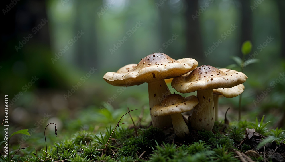 Fototapeta premium Mushrooms growing in a lush forest environment with green moss