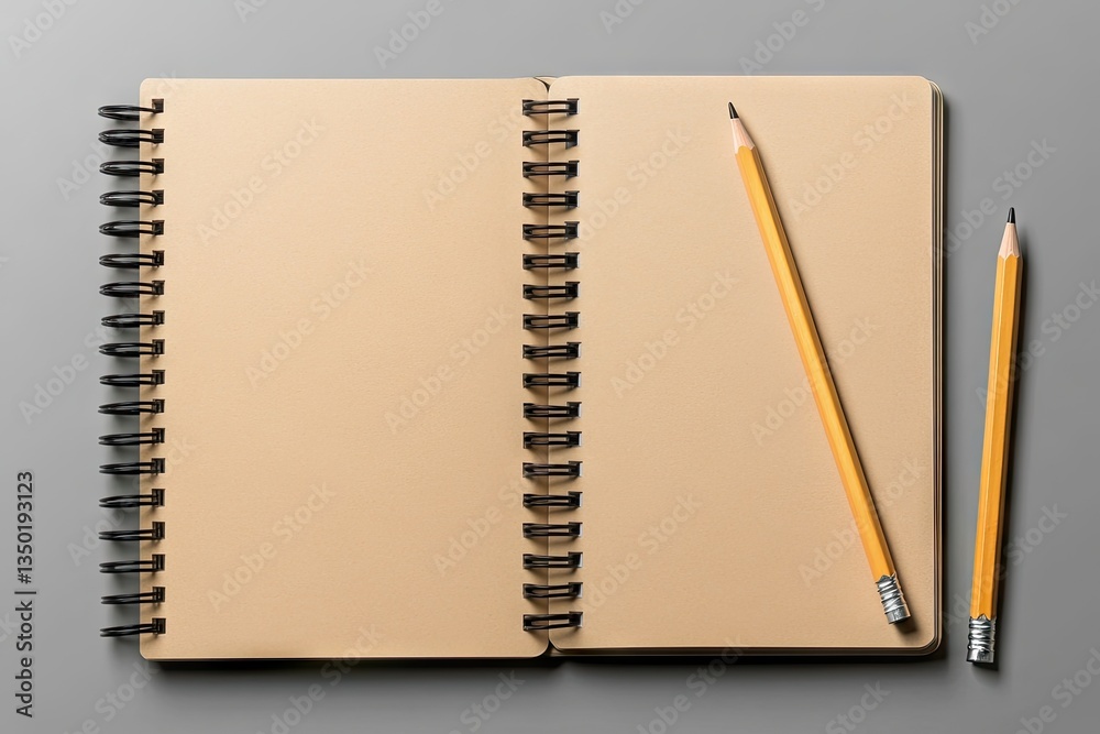 Open spiral notebook with two pencils on a gray surface Open spiral notebook with two pencils on a gray surface