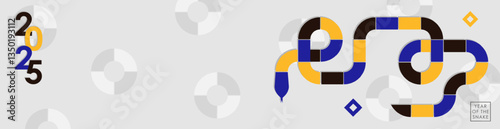 Minimalist 2025 Year of the Snake panoramic banner design . Modern greeting header with geometric snake in black, yellow and navy on a white background with copy space, stars and circular pattern