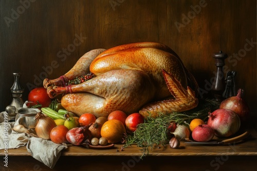 Roasted Thanksgiving Turkey on Wooden Table with Seasonal Vegetables photo