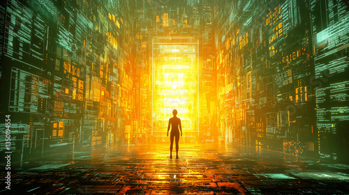 A silhouetted figure stands before a glowing golden data portal inside a digital world. Futuristic neon lit walls filled with codes create a high tech, cyber atmosphere.