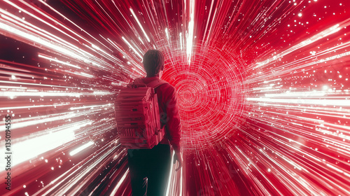 A futuristic traveler stands before a glowing red portal, surrounded by streaks of light. The scene captures a sense of adventure, technology, and digital transformation.