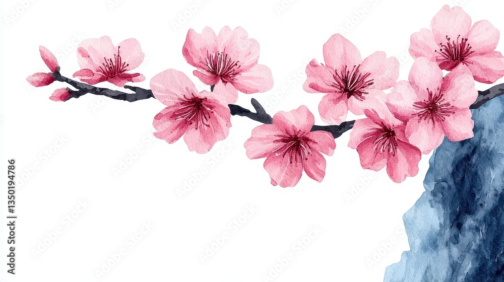 Obraz premium A delicate branch of pink cherry blossoms against a minimalistic backdrop, showcasing the beauty of spring and nature.