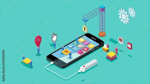 Mobile App Development and design process concept. Teamwork of developers and designers involved in the creation of software or web. 2D animation