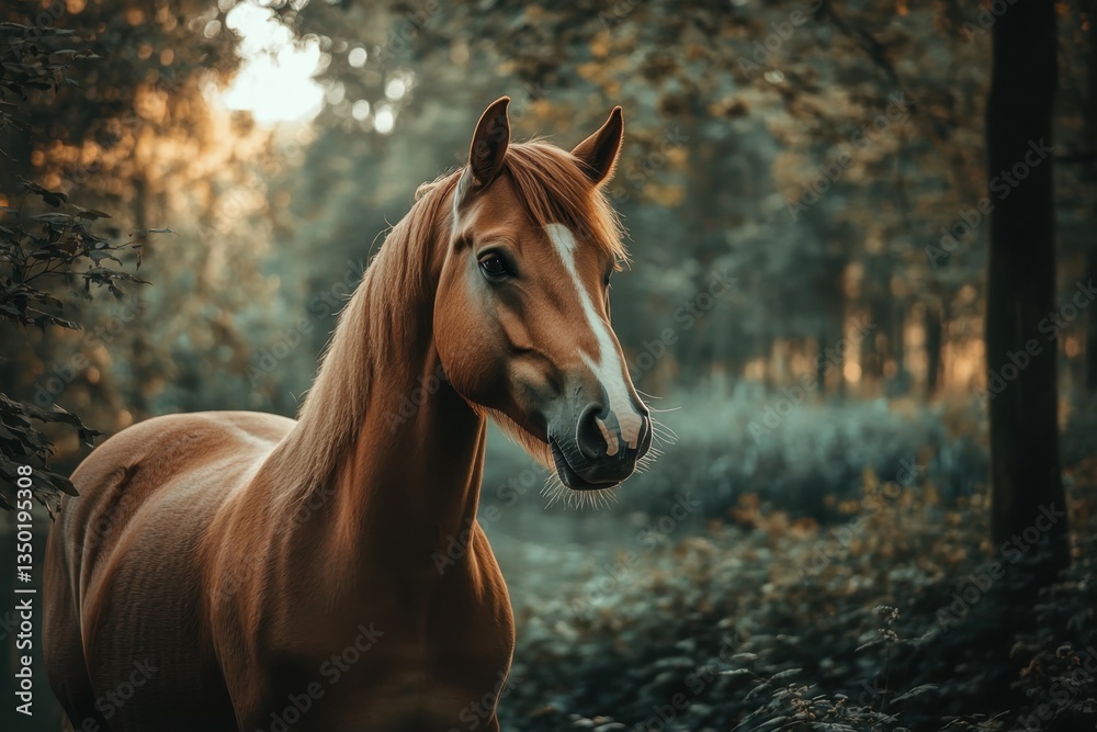 Obraz premium Brown horse standing gracefully in a lush forest, surrounded by trees during golden hour