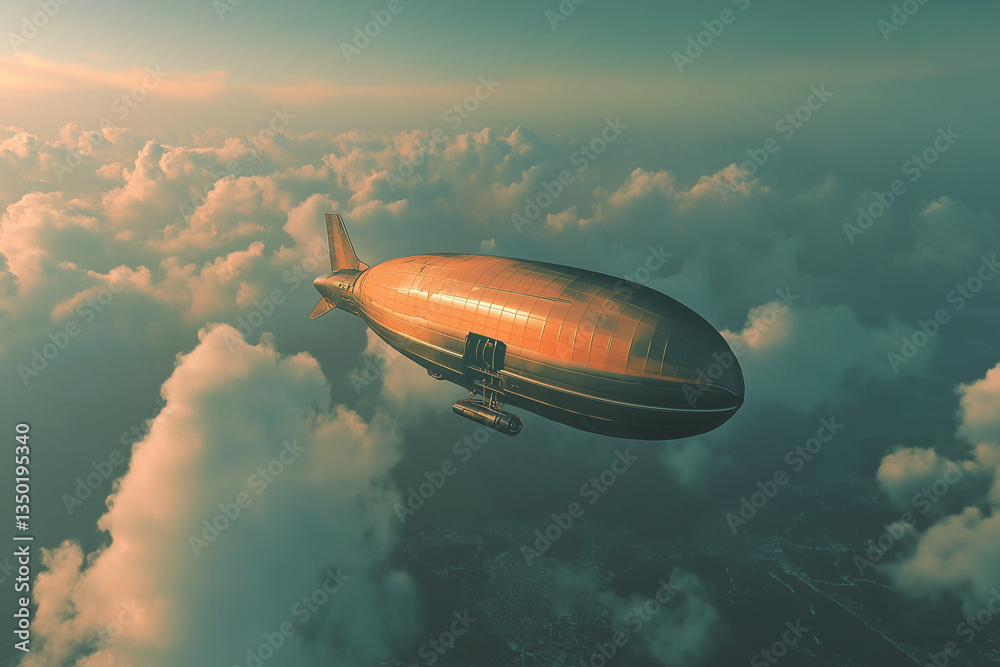 Obraz premium Retro airship floats gracefully across vast sky, evoking nostalgic charm and adventurous vintage aerial exploration