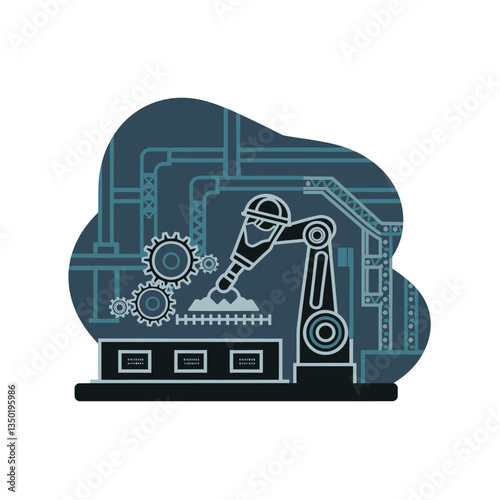 2d vector illustration colorful machine , worker and Industry and its development technology, factories and production lines icon
