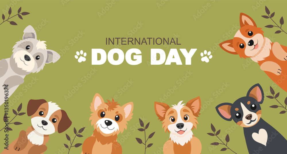 Obraz premium International dog day with cute puppies. Cute dogs on green background. 