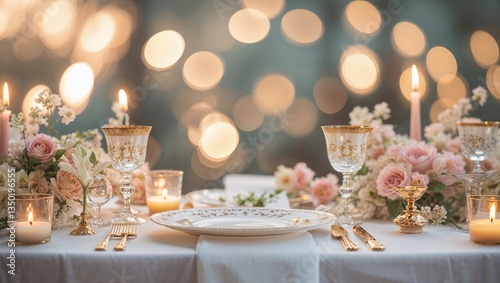 Elegant dinner table set for a romantic evening with soft lighting and floral arrangements