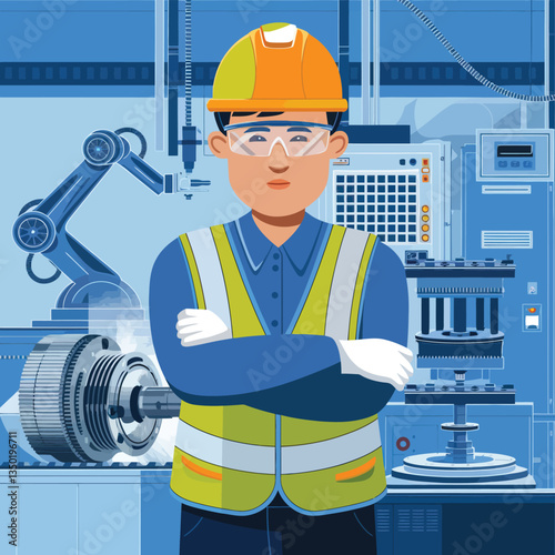 2d vector illustration colorful machine , worker and Industry and its development technology, factories and production lines icon

