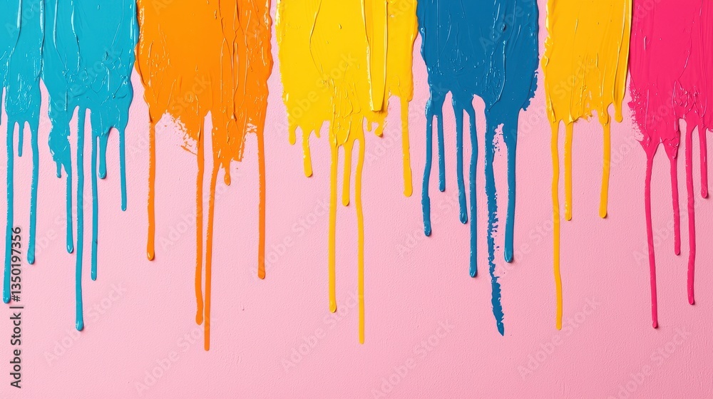 Fototapeta premium A vibrant display of colorful paint drips against a pink background, creating an artistic and playful effect.