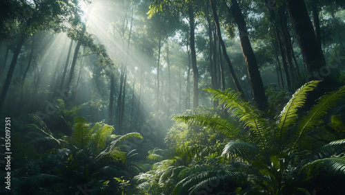 A lush Australian rainforest featuring ferns, towering trees, and thick vegetation thriving in the humid environment  
