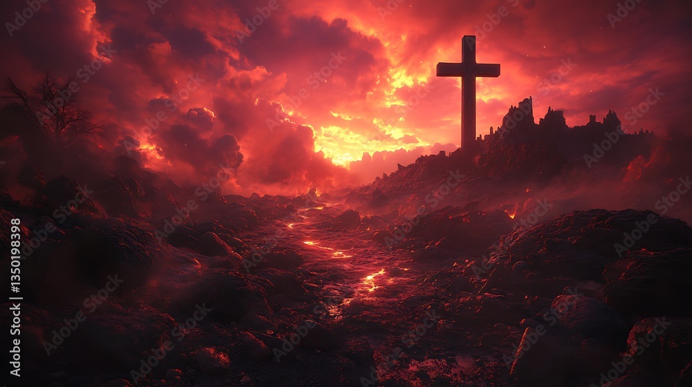 Cross silhouette at sunset over rocky landscape. Cross silhouette at sunset over rocky landscape.