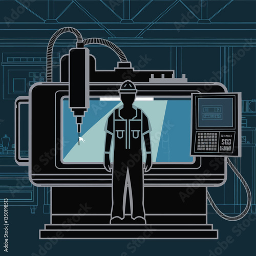 2d vector illustration colorful machine , worker and Industry and its development technology, factories and production lines icon
