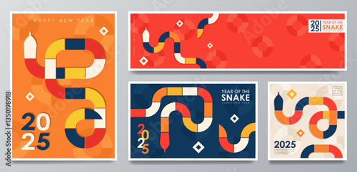 Set of greeting cards with vibrant illustration for 2025 Year of the Snake with geometric snakes in blue, yellow, white and red colors with circles, stars. Modern trendy New Year, Christmas banners