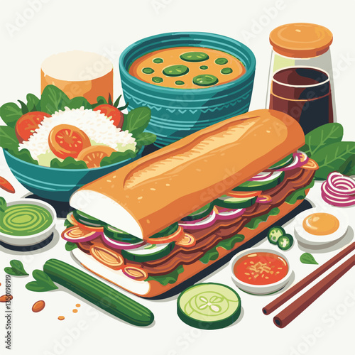 bread, baguette, meal, meat, fresh, food, background, cucumber, carrot, lunch, cuisine, coriander, sandwich, asian, traditional, vietnamese, pork, vietnam, sliced, closeup, cilantro, vegetable, street