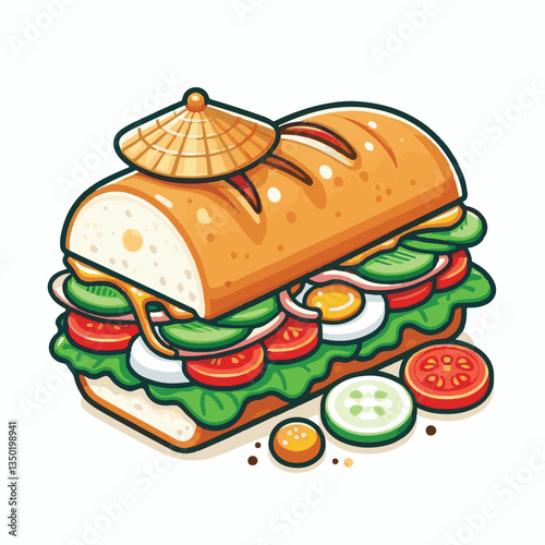 bread, baguette, meal, meat, fresh, food, background, cucumber, carrot, lunch, cuisine, coriander, sandwich, asian, traditional, vietnamese, pork, vietnam, sliced, closeup, cilantro, vegetable, street