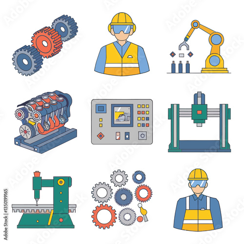 2d vector illustration colorful machine , worker and Industry and its development technology, factories and production lines icon
