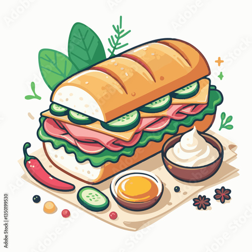 bread, baguette, meal, meat, fresh, food, background, cucumber, carrot, lunch, cuisine, coriander, sandwich, asian, traditional, vietnamese, pork, vietnam, sliced, closeup, cilantro, vegetable, street