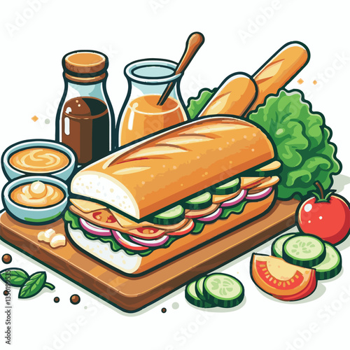 bread, baguette, meal, meat, fresh, food, background, cucumber, carrot, lunch, cuisine, coriander, sandwich, asian, traditional, vietnamese, pork, vietnam, sliced, closeup, cilantro, vegetable, street