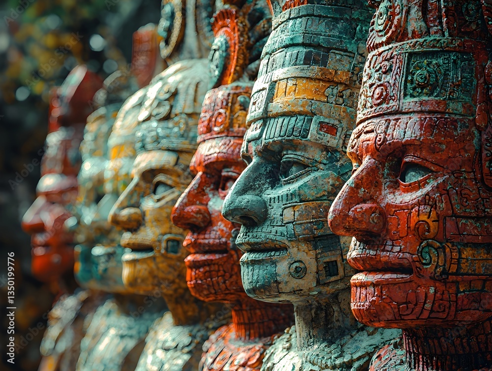Fototapeta premium Ancient Guardians: A row of meticulously crafted sculptures, weathered by time, stands as stoic sentinels, offering a glimpse into a rich cultural heritage. These vibrant works evoke history.