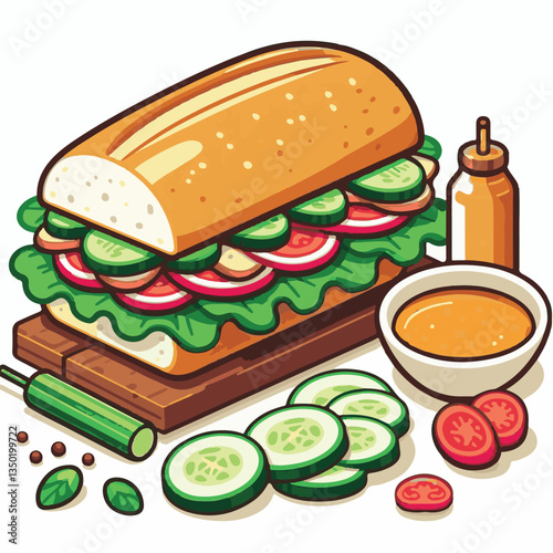 bread, baguette, meal, meat, fresh, food, background, cucumber, carrot, lunch, cuisine, coriander, sandwich, asian, traditional, vietnamese, pork, vietnam, sliced, closeup, cilantro, vegetable, street